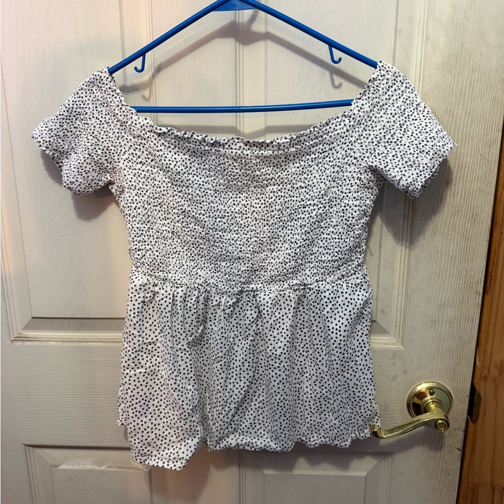 Old Navy White Black Polka Dot Smocked Peplum Crop Top